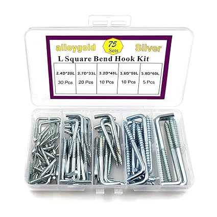 Alloygold 75 Pieces 5 Sizes Spiral in Square Bend Hook kit, Galvanized Square Bend Hook self Tapping Screw Hook for Home/Workplace/Office