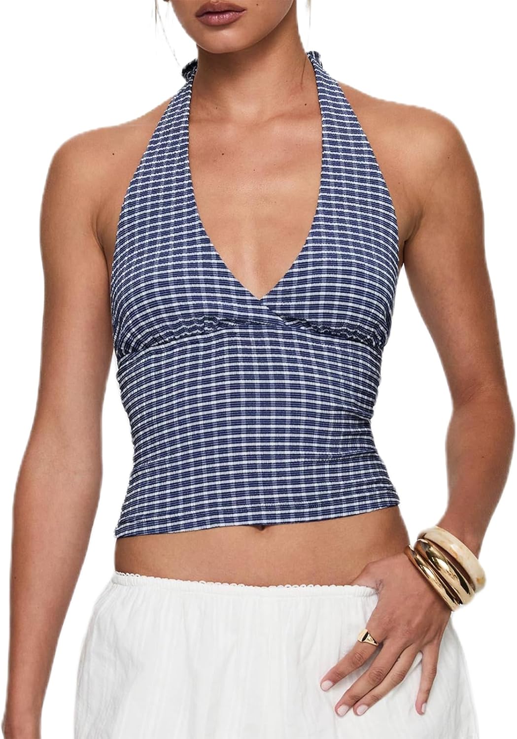 Women Sexy Halter Gingham Top Sleeveless Plunging V-Neck Backless Plaid Top Y2K Slim Fit Cropped Vest Streetwear