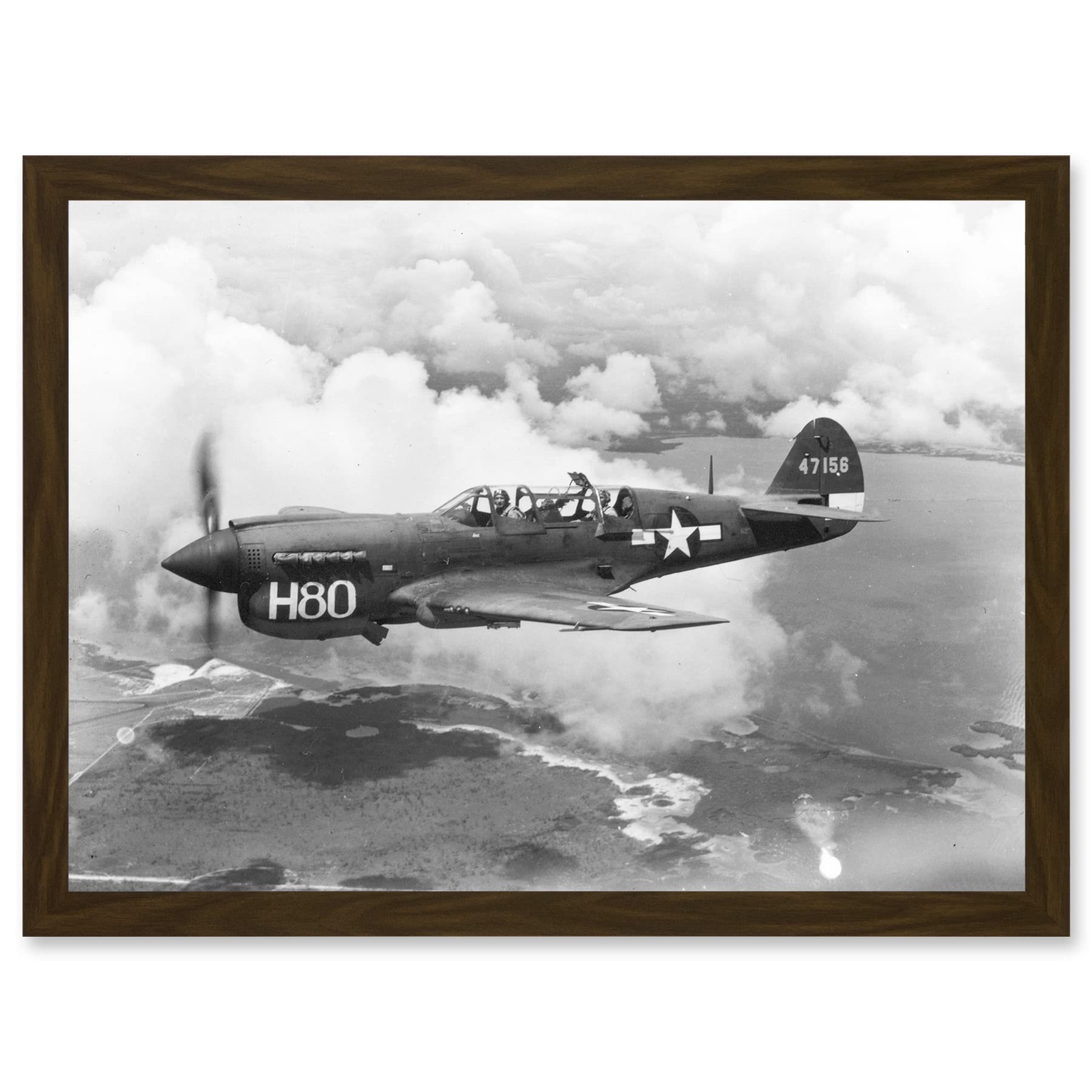 Artery8 War Military Vintage US Airforce Fighter Plane Black White P-40 Artwork Framed Wall Art Print A4