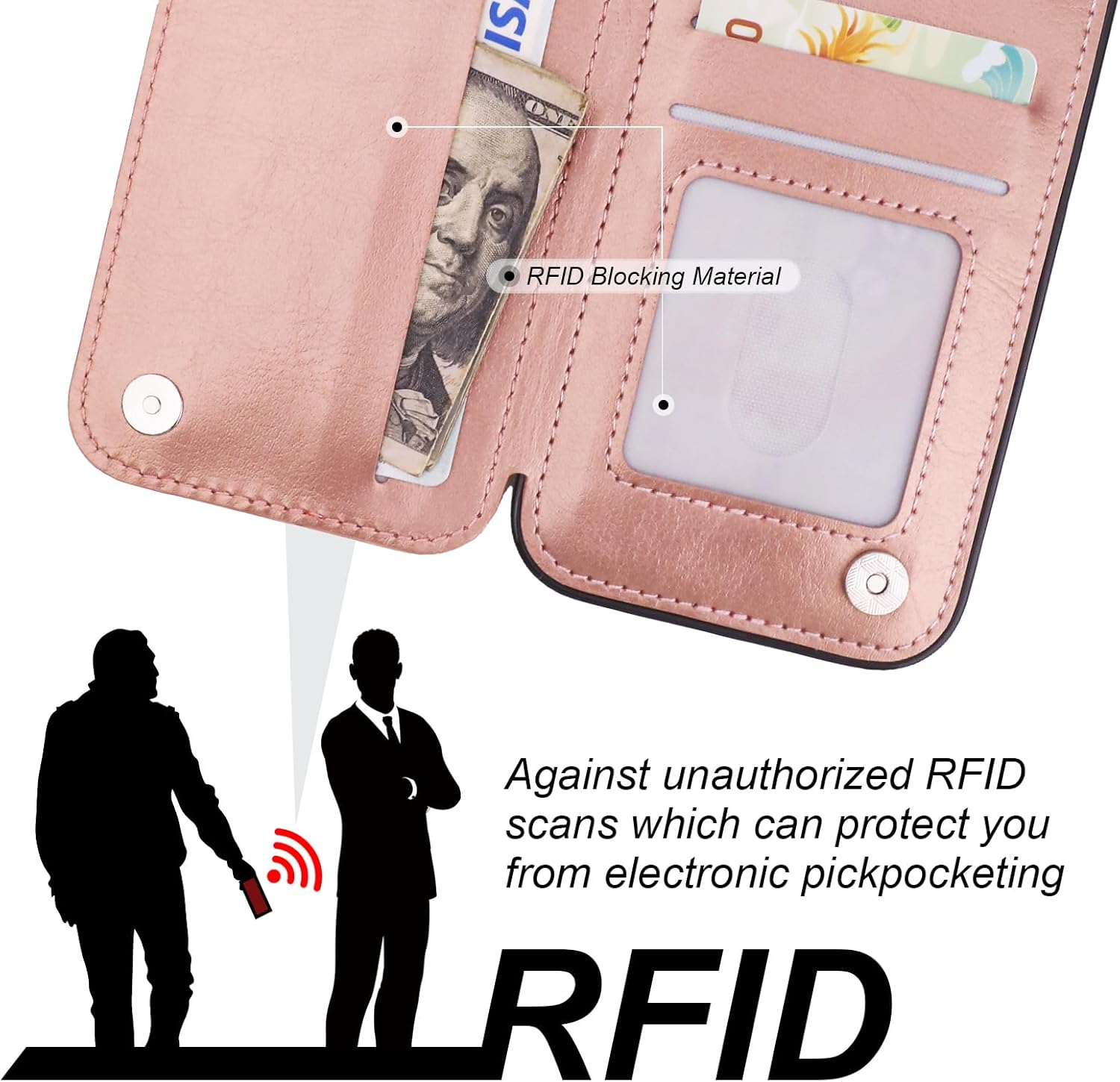 ONETOP for iPhone 15 Pro Wallet Case with Card Holder, 360° Rotation Ring Kickstand RFID Blocking PU Leather Double Magnetic Clasp Shockproof Cover for Women and Girls 6.1 Inch (Rose Gold) - Image 6