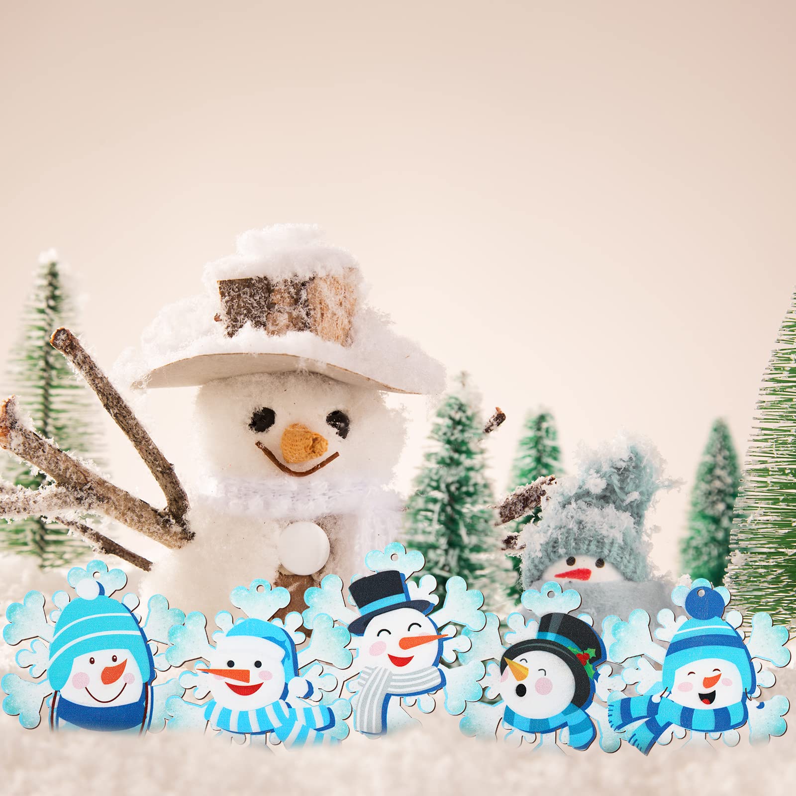 24 Stück Winter Schneeflocke Schneemann Hängende Ornamente Winter Schneemann Handwerk Holz Schneeflocke Ornamente Schneeflocke Dekorative Handwerk Baum Holzscheiben mit Seilen für Weihnachtsbaum