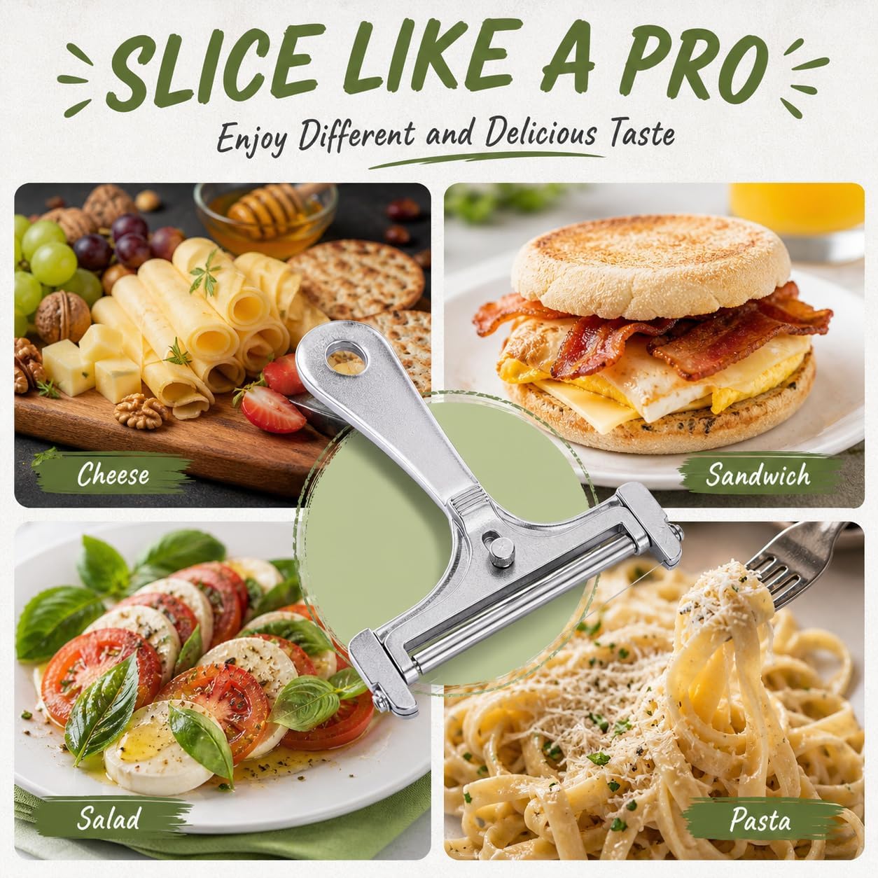 Adjustable Wire Cheese Slicer for Block Cheese, Stainless Steel Handheld Cheese Cutter with 4 Replacement Wires, Thickness Control for Mozzarella, Cheddar, Gruyere, Soft & Semi-Hard Cheese