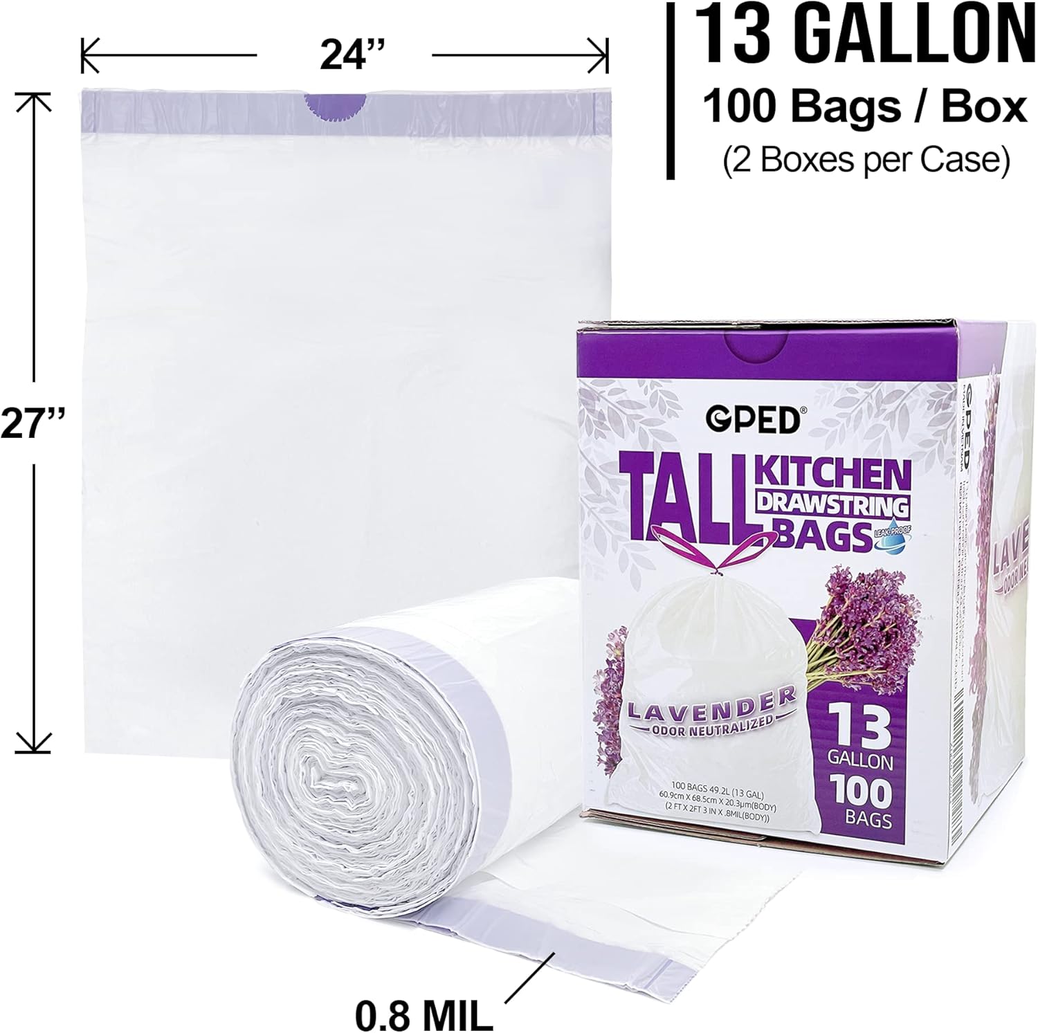8NET 13 Gallon Kitchen Drawstring Trash liners Bags | 0.8 Mil | 24 x 27" - 100 Count Per Box (Box of 2) | Kitchen, Home, Office, Bedroom Garbage Bags | Lavender Fresh Scent | White