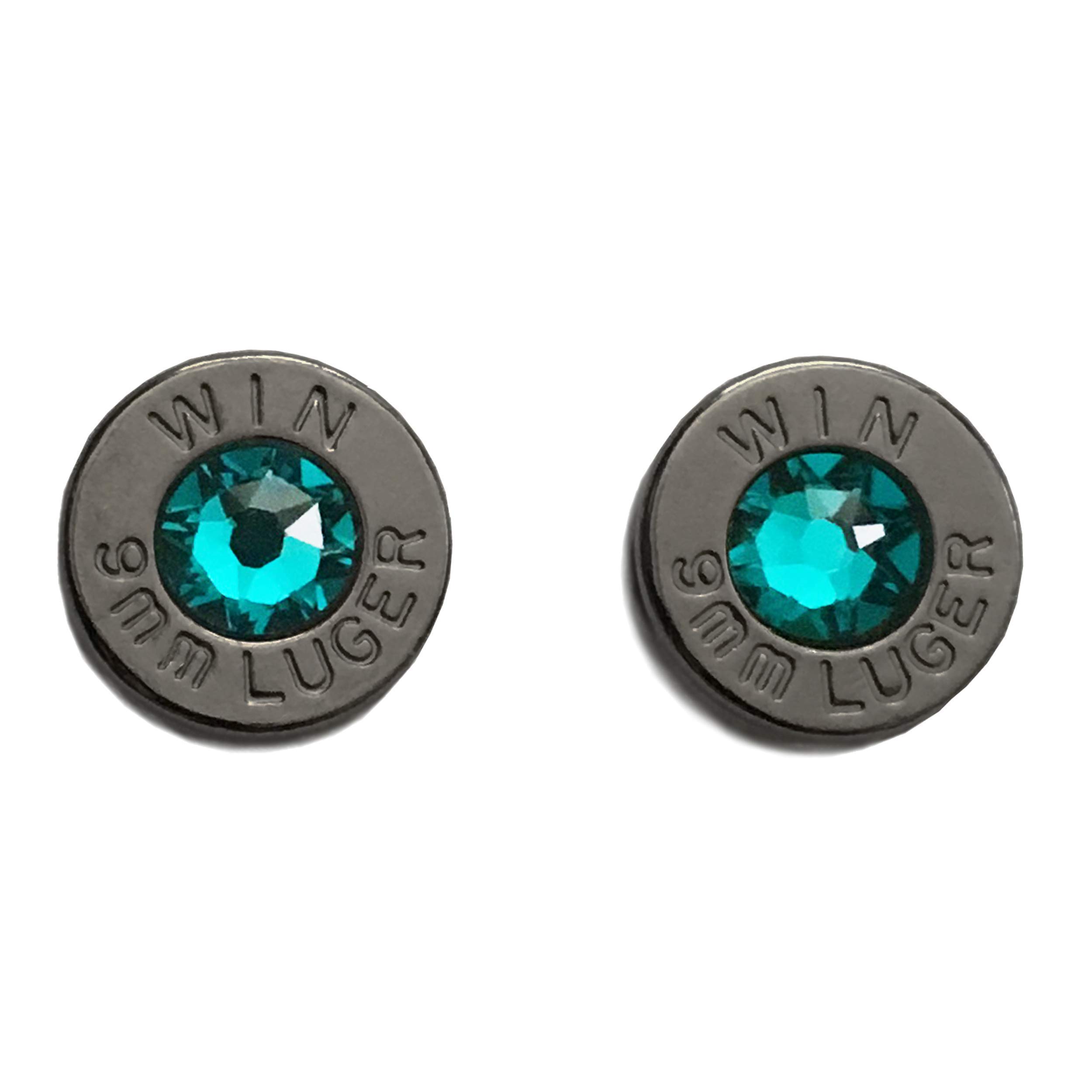 Black Rhodium Plated 9 Millimeter Ammo Bullet Cartridge Studs with December Themed Teal Crystals