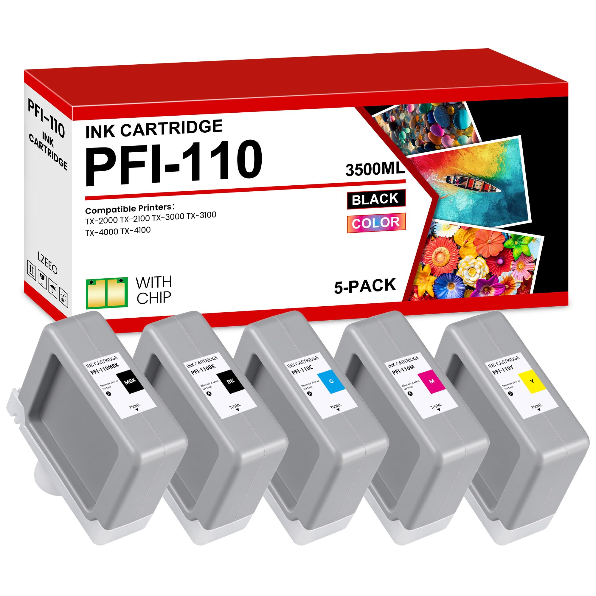 Photo 1 of Lezzo PFI-110 Ink Tank 700ml 5-Pack Replacement for Canon PFI-110MBK PFI-110BK PFI-110C PFI-110M PFI-110Y Ink for TX-2000 TX-2100 TX-3000 TX-3100 TX-4000 TX-4100 Printer, PFI-110 Pigment Ink Tank Kit