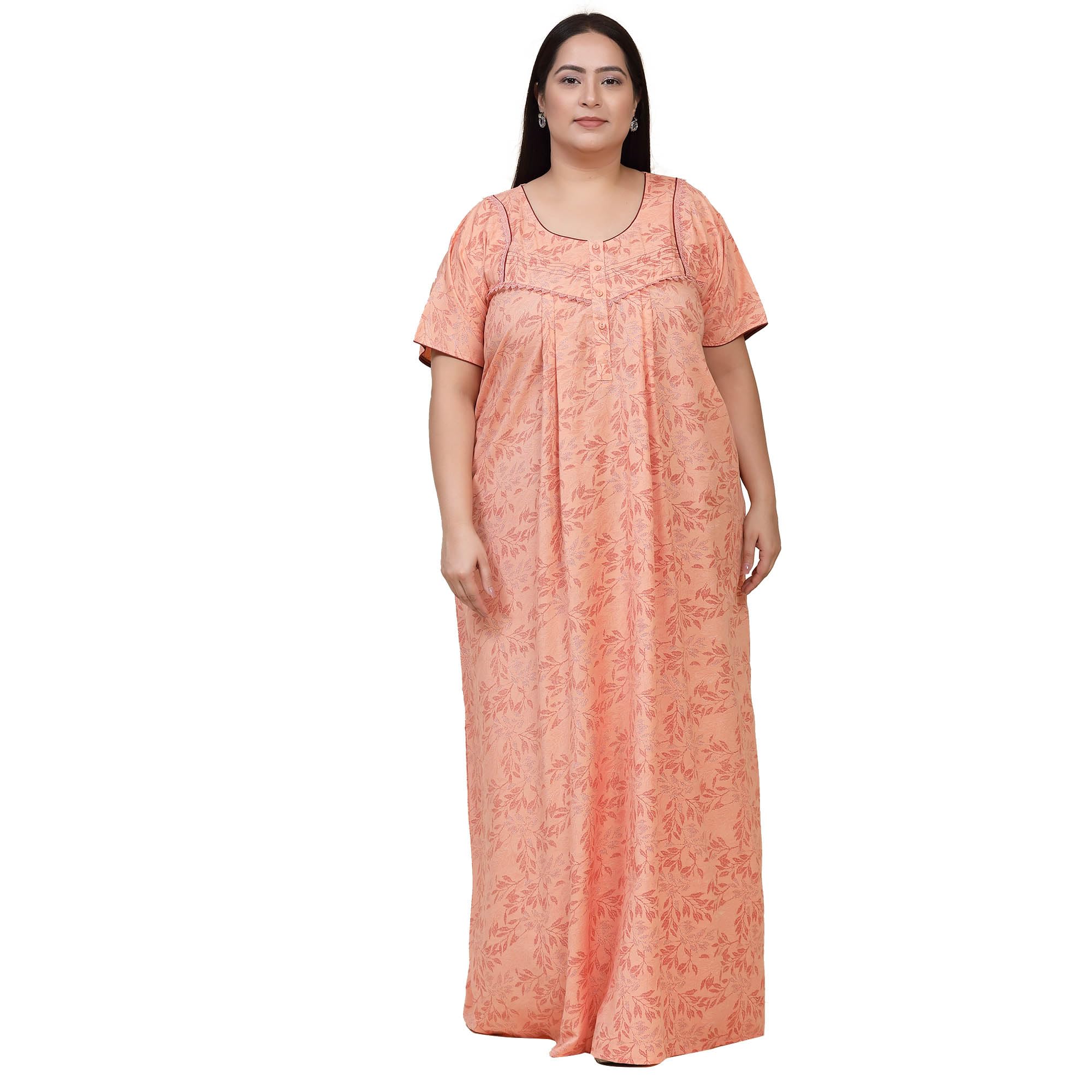 sweet dreams Women Leaf Print Half Sleeves Cotton Blend Maxi Nightdress Coral-picture-44