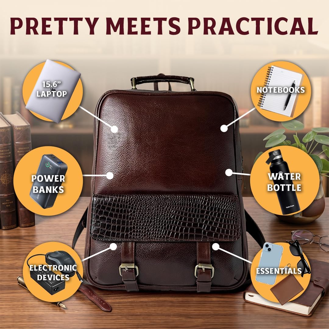 15.6" Luxury Burgundy Leather Laptop Backpack for Men & Women. Leather Bag for Professional Use in Office & Business image 3