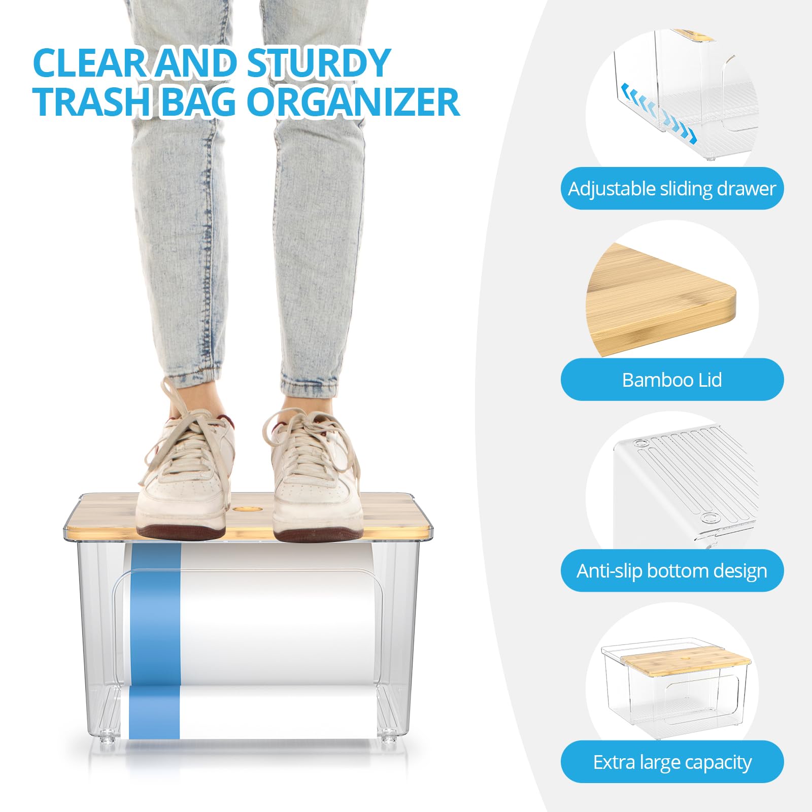 Dispensador de bolsas de basura, dispensador de bolsas de basura transparente con tapa de bambú y caja de cajón deslizante, soporte para bolsas de basura para cocina, debajo del fregadero