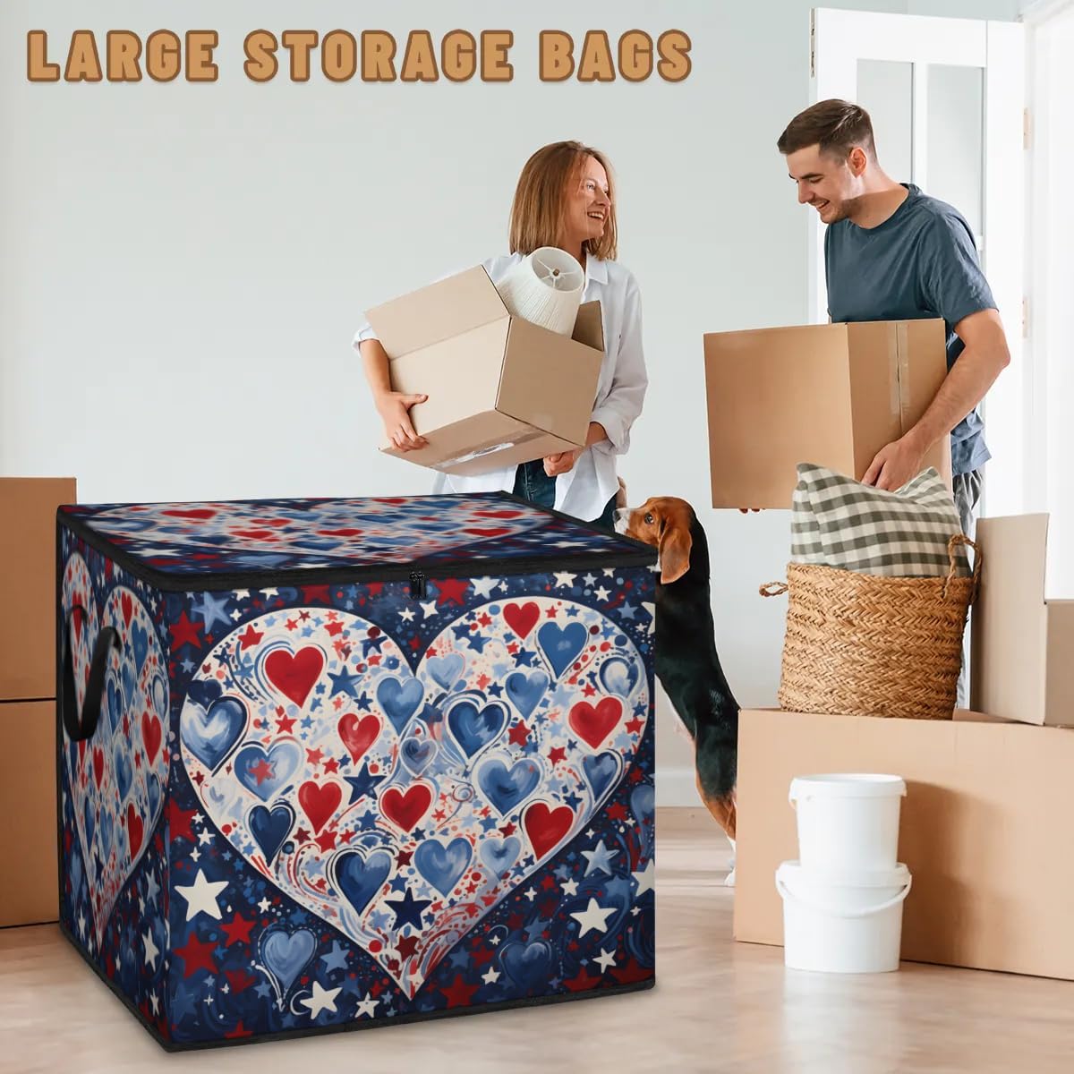 Honeybaby 214L Extra Large Comforter Storage Bag Patriotic Stars Heart Storage Totes with Lids Waterproof Closet Organizer Folding Blanket Storage Bags for Clothes Bedding Pillows