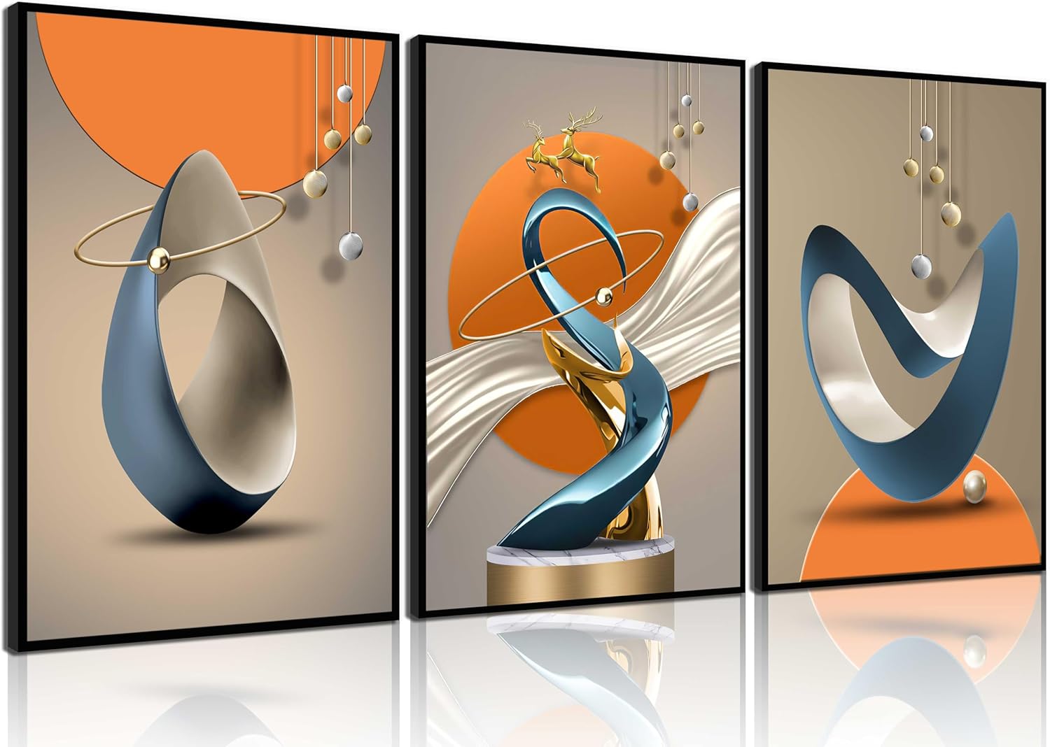 3 Pcs Modern Abstract Canvas Wall art Golden Deer Luxury Foil Lines Posters Prints Light luxury White Blue orange color Grey Painting Pictures for Living Room Bedroom Office Home Wall Decor Unframed