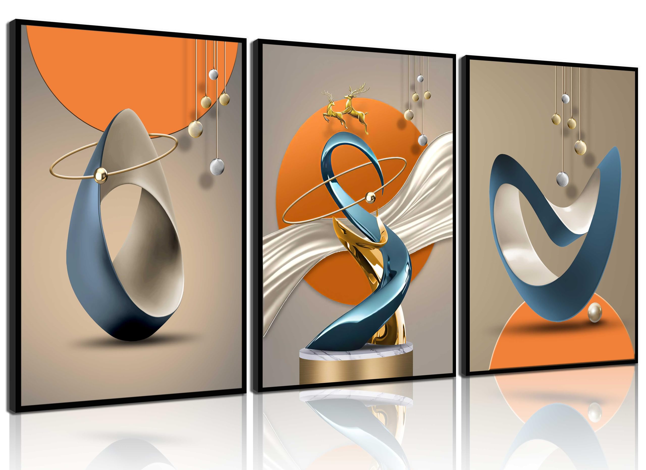 3 Pcs Modern Abstract Canvas Wall art Golden Deer Luxury Foil Lines Posters Prints Light luxury White Blue orange color Grey Painting Pictures for