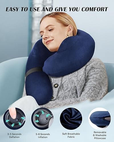 Miniatura 2 de Almohada de cuello inflable para viajes, almohada de viaje para la cabeza y el cuello, almohada de cuello de viaje para avión, tren, automóvil,