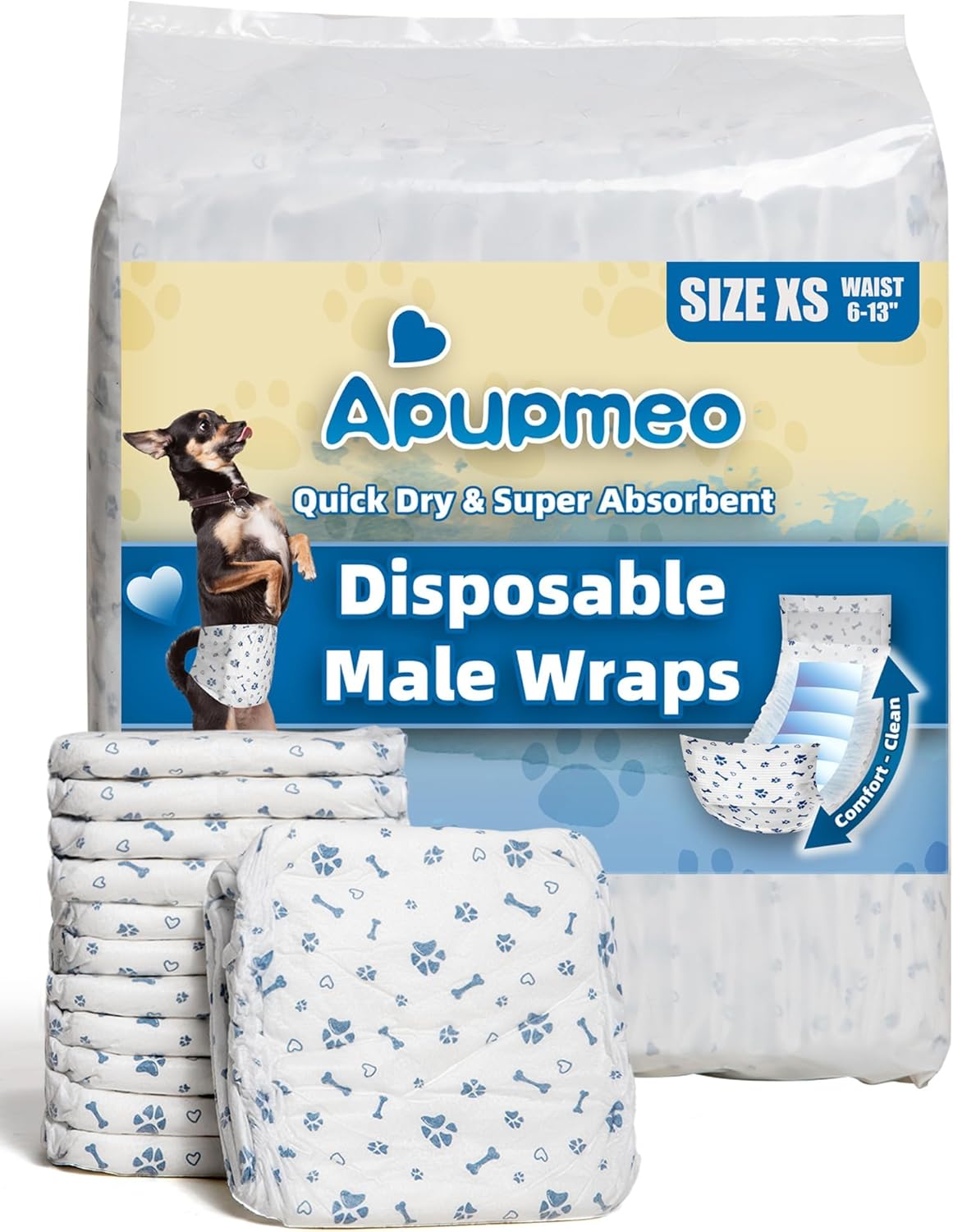 Dog Diapers Male Wraps, Disposable Male Dog Diaper, Super Soft Absorbent Doggie Diapers for Boy Dogs with Incontinence Marking or Excitable Urination(XS, 50)