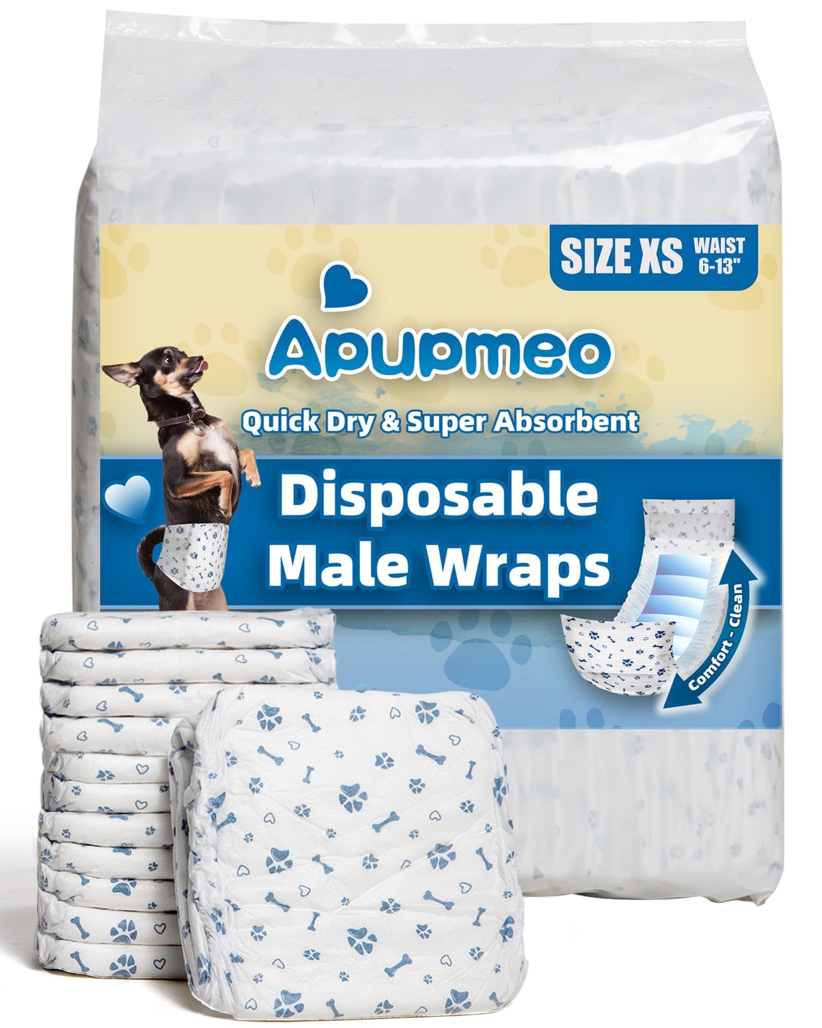 Apupmeo Disposable Dog Diapers Male Wraps XS 50 Counts, Super Absorbent Doggie Diapers for Male Dogs with Incontinence Marking or Excitable Urination