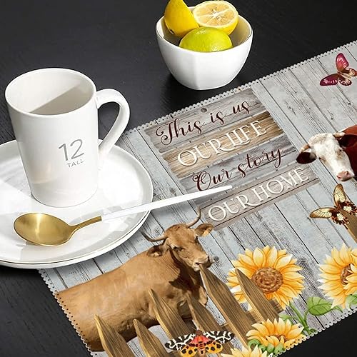 Miniatura 5 de Juego de 4 manteles individuales con diseño de girasol, diseño de vaca y animales de granja con cita familiar This is Our Life, resistente a las