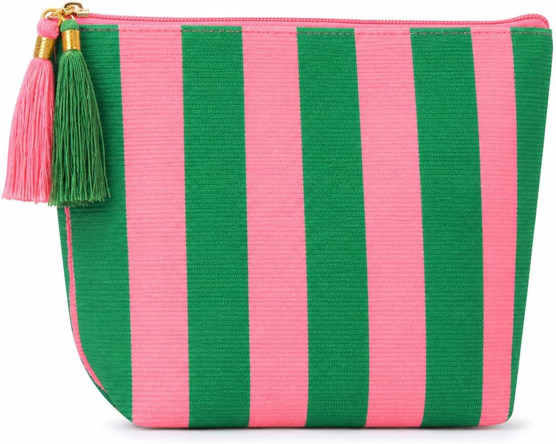 Cosmetic Bag for Women, Pink and Green Stripe Canvas Makeup Bag, Travel Toiletry Organizer