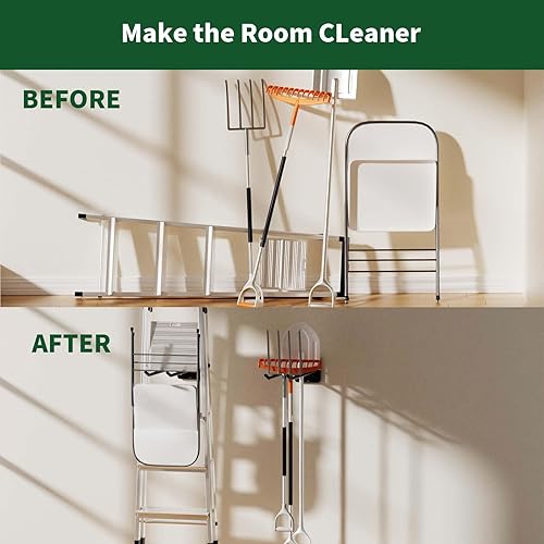 Miniatura 4 de OLORLEN Organizador de pared de garaje resistente, organizador de herramientas de jardín con 2 ganchos, estantes de acero para herramientas de