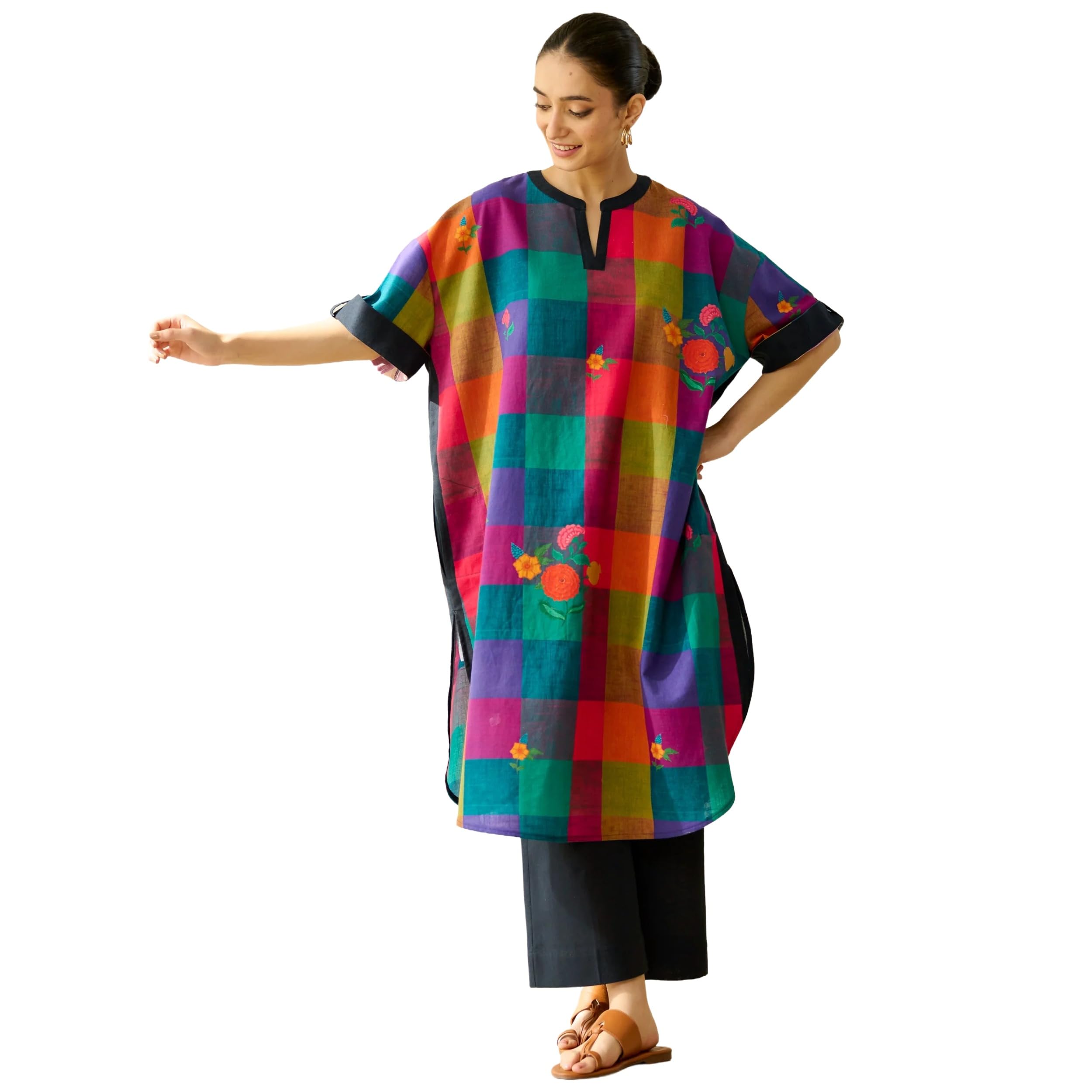 Kurta Sets for Women Cotton Blend Printed | Kurta Palazzo Set | Straight Kurti Set for Women | Mandarin Collar Elbow Sleeve Ethnic Outfit | Designer Indian Kurti Top with Palazzo Pants-image-44