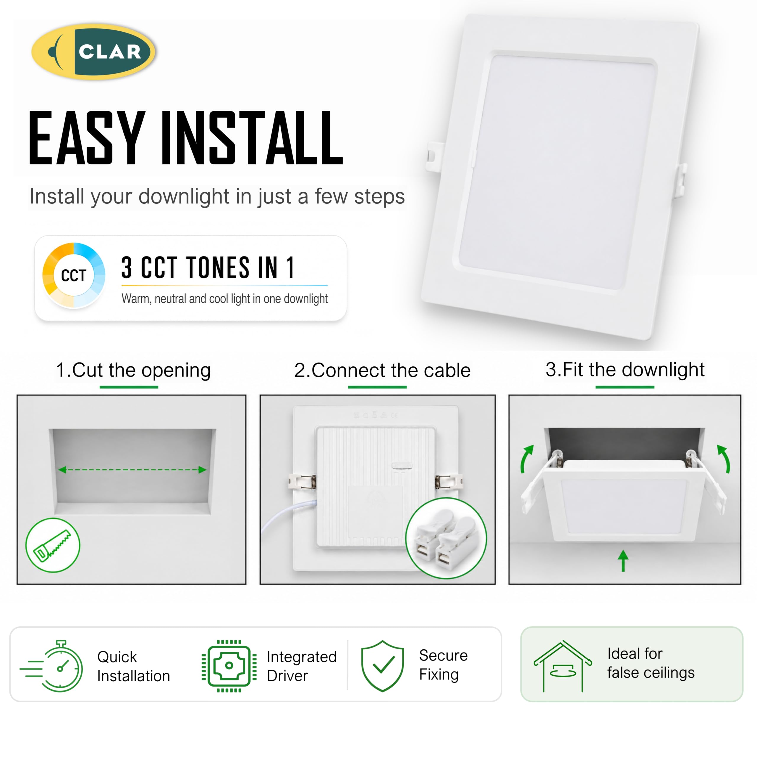 CLAR – Faretto quadrato da incasso 12 W, Downlight per bagno, lampadario moderno per ufficio o camera da letto, CCT (3000ºk-4000ºk-6500ºk) (Pack 10)