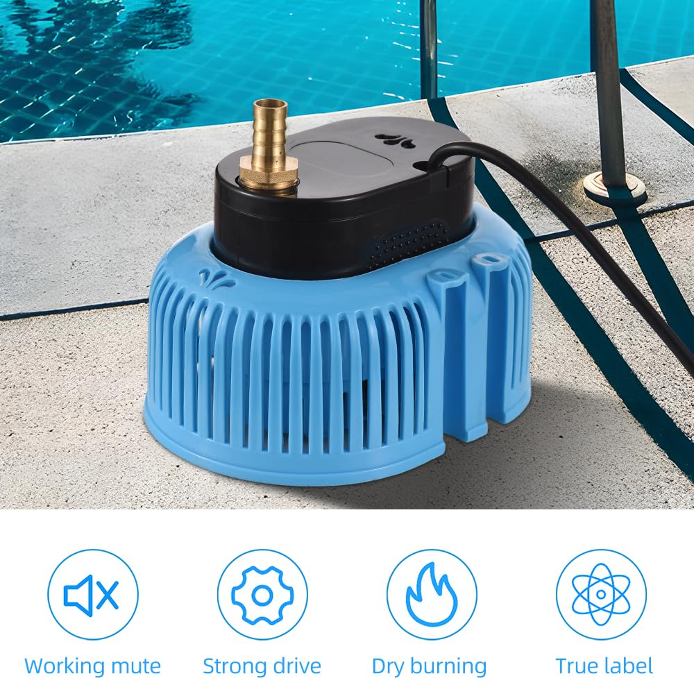 Pompa per Copertura Piscina Fuori Terra Pompa Sommergibile per Piscina 75W 2000L/H Pompa per Rimozione Acqua per Nuoto con 3 Adattatori Tubo di Drenaggio da 16 Piedi e Cavo di Alimentazione da