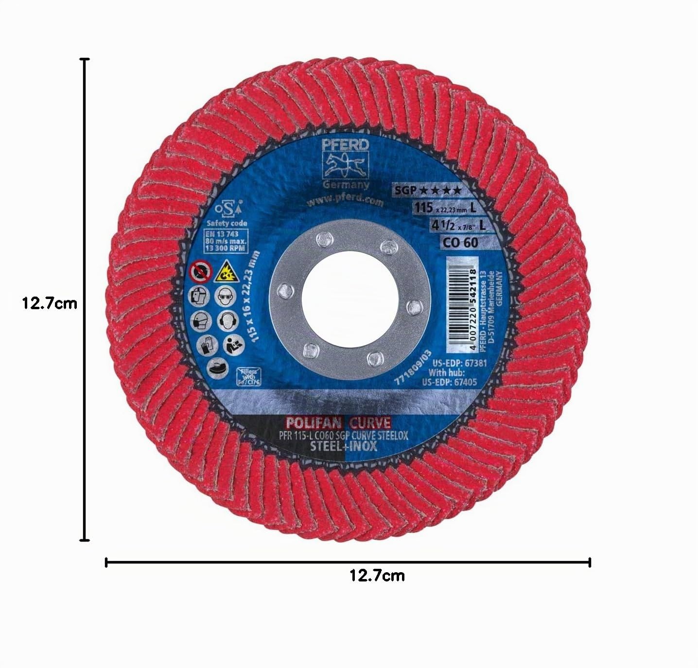 PFERD 67344 Polifan PFR Curve Radial-Typ Fächerscheibe, Keramikoxid, 12,7 cm Durchmesser, 2,2 cm Dornloch, 12200 U/min, Körnung 60