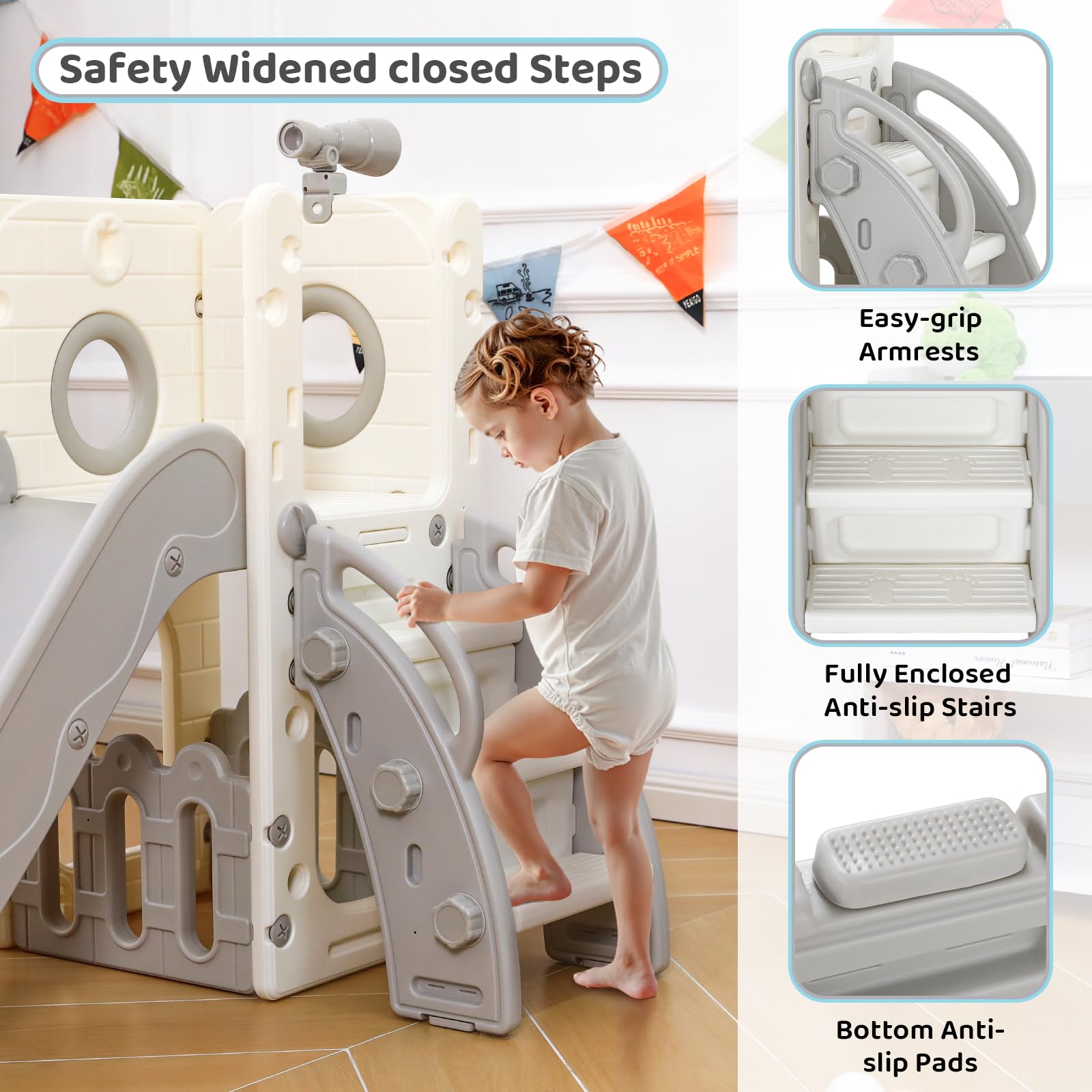 Kinderrutsche, Indoor & Outdoor Rutsche ab 1 Jahre, Freistehende Rutsche mit Stauraum & Spielteleskope, Gartenrutsche, Kinder Spielplatz, mit 2PCS Moduls, Grau Weiß