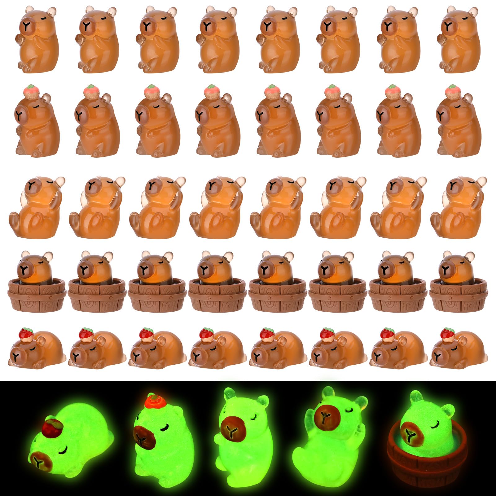 GSrenyu 40 Pcs Mini Capybara Luminous Mini Resin Animals Glow in the Dark Capybara Miniature Figures for Garden Aquarium Dollhouse Tabletop Landscape Party Decoration