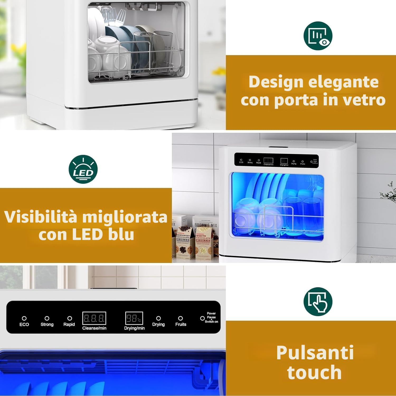 800W Piano di lavoro portatile per lavastoviglie, lavastoviglie da tavolo con 6 programmi e serbatoio dell'acqua da 6L, mini lavastoviglie con copertura semitrasparente e display LED, perfettamente