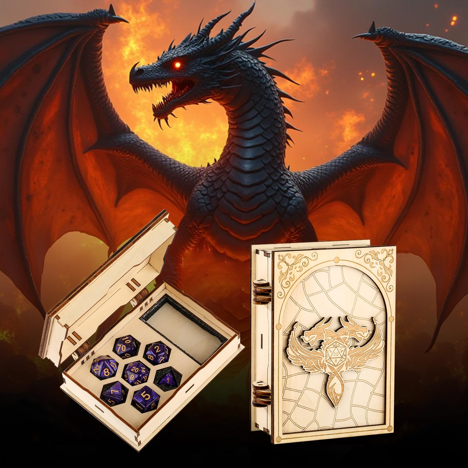 Scatola porta dadi in legno, 7 dadi poliedrici viola, Custodia per drago, Accessori per le serate di gioco D&D, Contenitore per giochi da tavolo, Regali per giocatori di fantasy