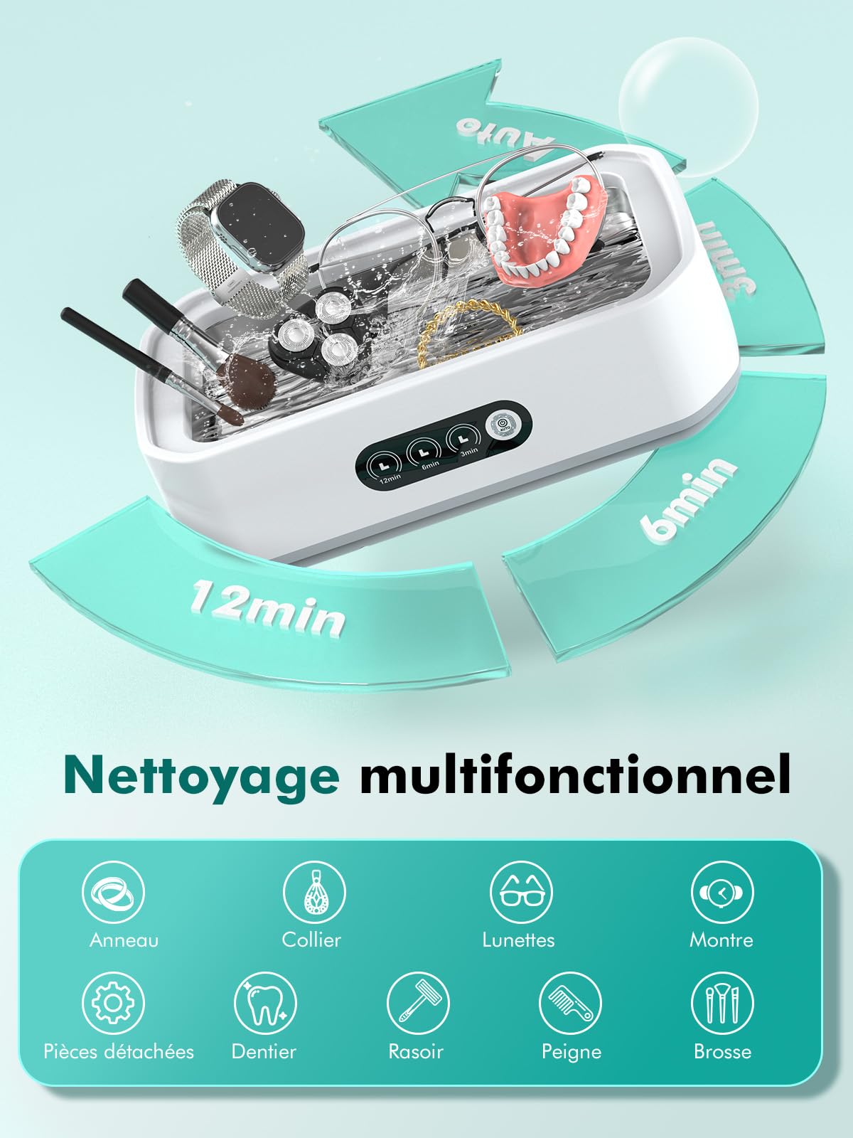 Nettoyeur Ultrasons, 48 kHz, 650 ml Nettoyage en Profondeur à 360°, Fonctionnement à une Touche avec, Convient pour le Nettoyage des Lunettes, des Bijoux et des Prothèses Dentaires