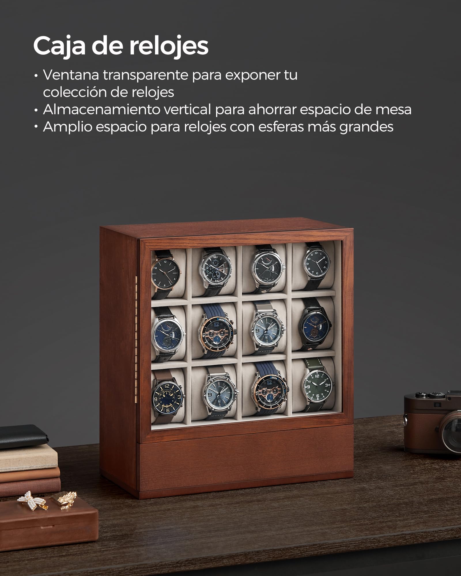 SONGMICS JOW014K01 Caja de relojes con 12 cajones, caja de reloj de madera con ventana, gabinete de exhibición de madera de chapa maciza, almacenamiento vertical, ahorro de espacio, idea