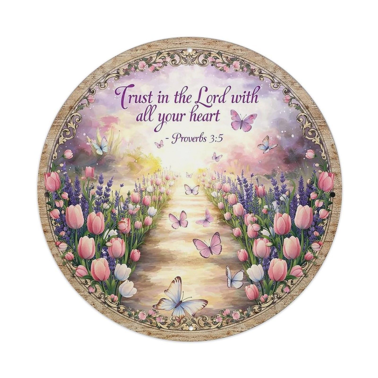 Floral Path Butterflies Scripture Vintage Round Tin Sign Retro Metal Wall Decor Metal Poster, Home Bar Garage Cafe Wall Art Decoration 8x8Inches