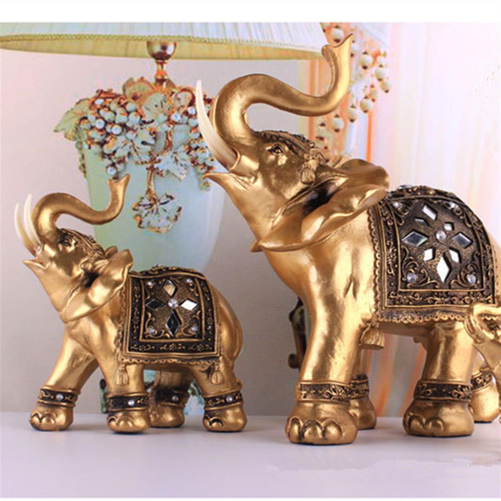 Figuras Decorativas Estatua de Elefante de Resina Dorada, Adornos Elegantes de Escultura de Tronco de Elefante para decoración del hogar Decoracion hogar(M 14 X 15 CM)