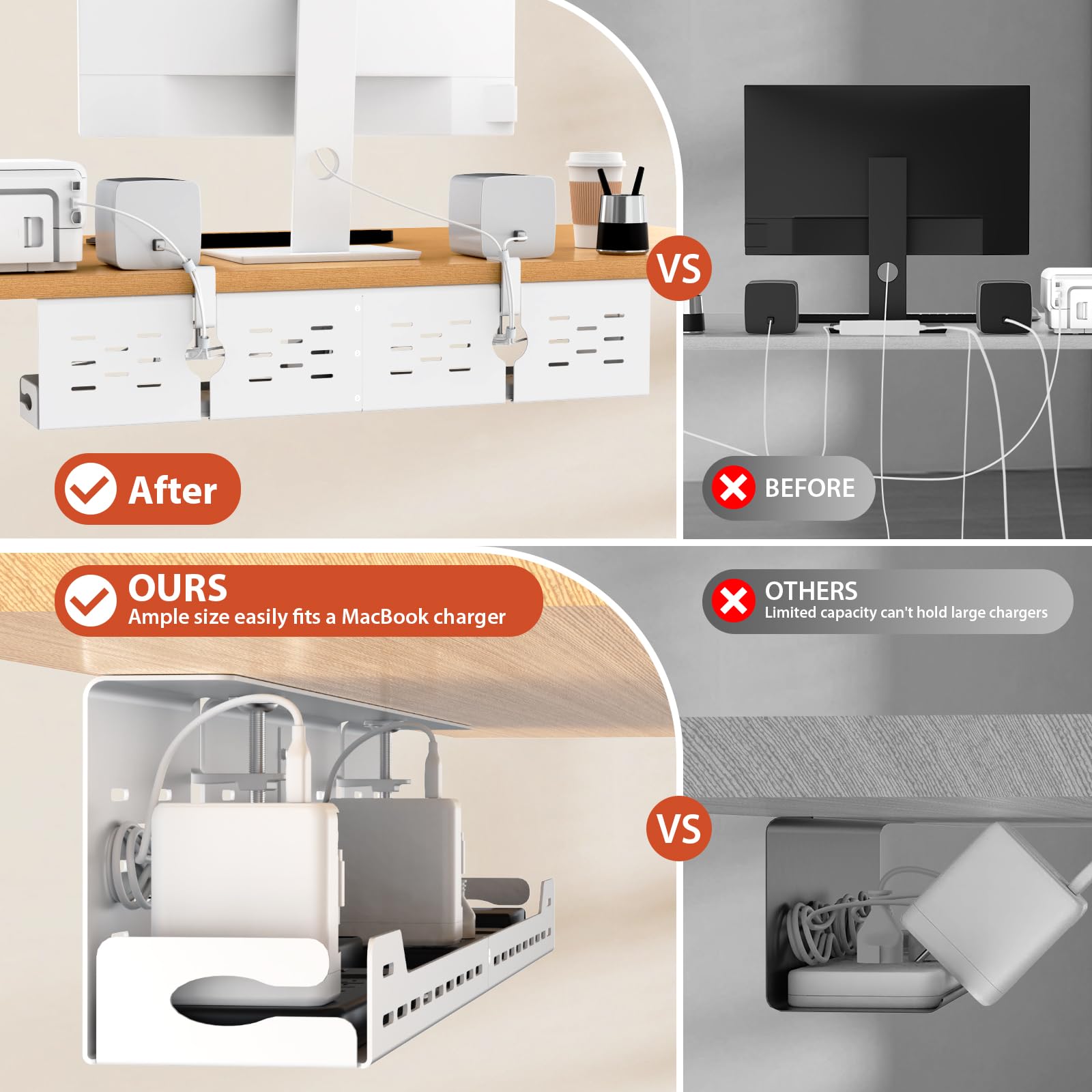 Univivi Kabelmanagement unter dem Schreibtisch, stabile Metall-Kabelwanne ohne Bohren, C-Klemme und Schraubhalterung, robuster Kabel-Organizer für Büro und Zuhause, 81,3 cm, Weiß