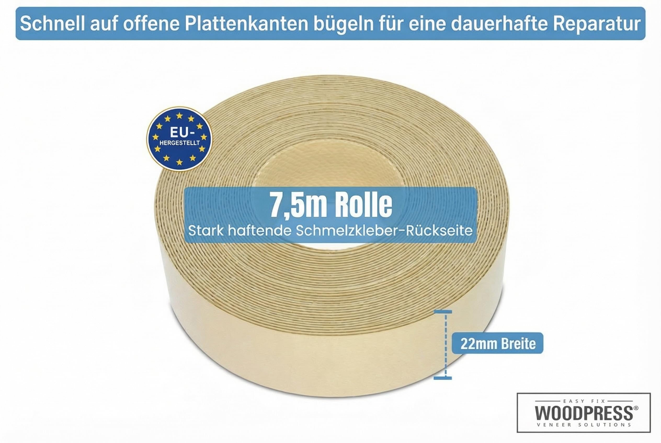 22mm Perlbeige Melamin Kantenumleimer mit Schmelzkleber – 7,5m Rolle – Einfaches Aufbügeln für Heimwerker