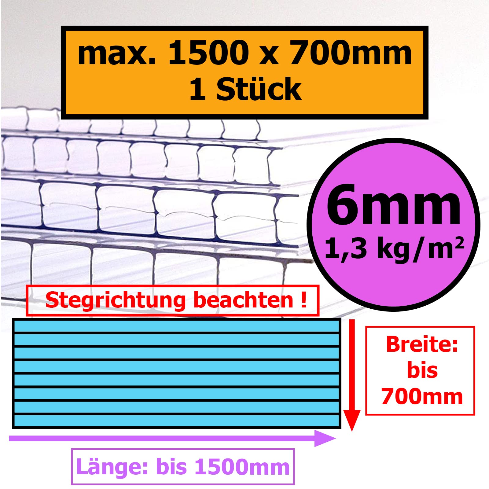 ◼️ Gewächshausplatten ◼️ 700 x 1500 mm ◼️ Doppelstegplatte ◼️ Hohlkammerplatte ◼️ Polycarbonat ◼️ 4 mm ▪️ 6mm ▪️ 8 mm ▪️ 10 mm Stärke ◼️ (6mm | 1 Stück | Wunsch-Zuschnitt)