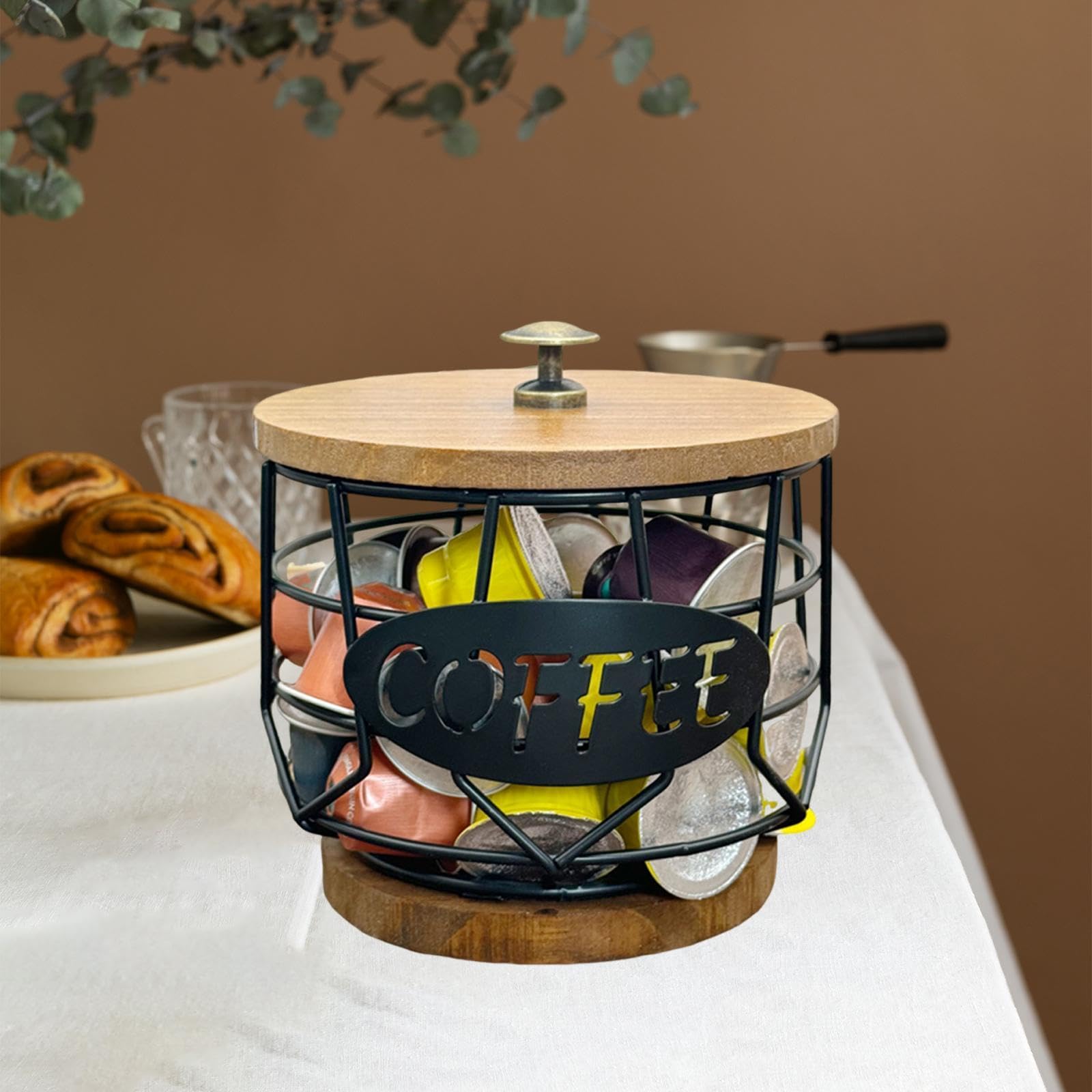 jojomis Coffee Pod Holder with Wooden Base - Metal Wire Organizer Storage Basket for Coffee Capsules, K-Cups - Space Saving Design for Home, Cafe, Desktop - 5.31inch