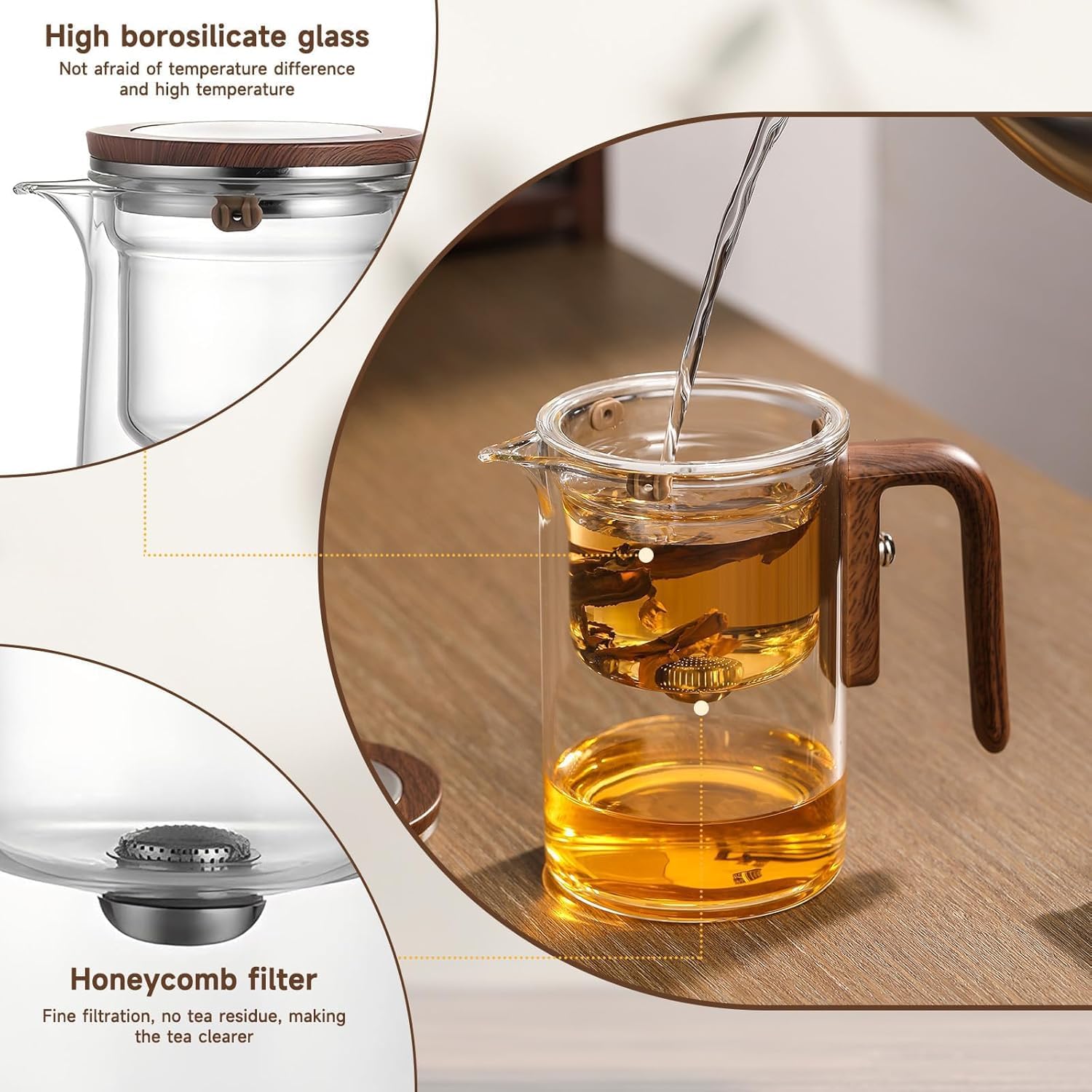 Magnetischer Teekessel aus Glas, 600 ml, Borosilikat-Topf mit Deckel und Sieb für losen Kräutertee, Hexerei-Design, Holzfarbe, perfekt für Teeliebhaber