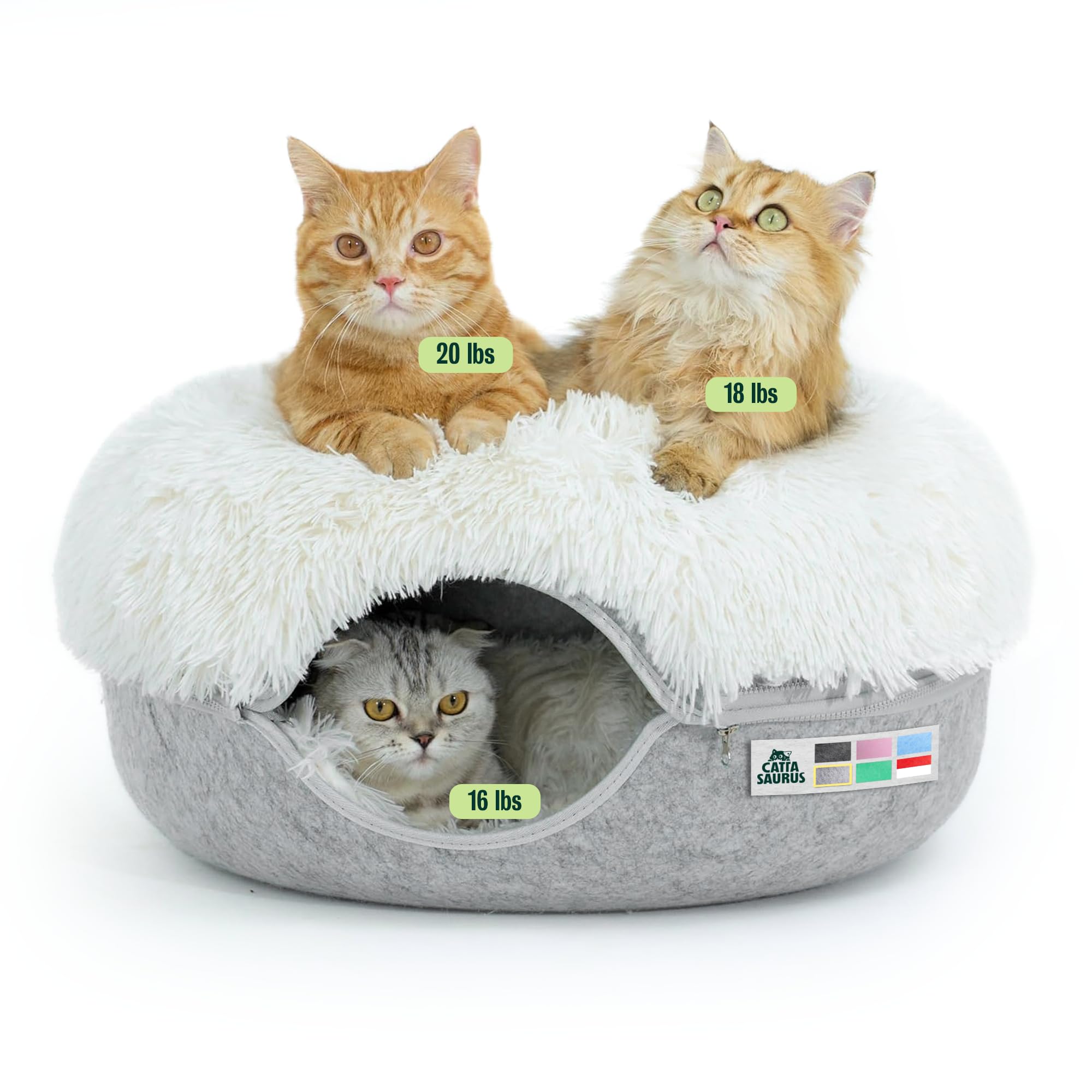 CATTASAURUS Peekaboo Cat Cave for Multiple &amp; Large Cats Up to 30-45 Lbs, Fluffy Cat Beds for Indoor Cats, Scratch Detachable &amp; Washable Tunnel Bed, Comfy Donut Cave (Light Gray, Large (Calming))