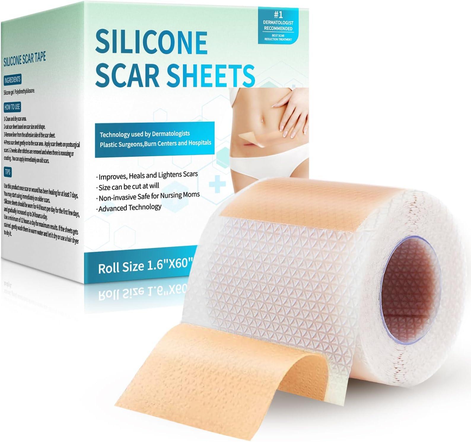 Rvlaim Medical Grade Silicone Scar Sheets (1.6”x 60” Roll-1.5M), Professional Silicone Scar Tape for Surgical C-Section, Keloid, Burn & Acne Scars - Reusable, Waterproof, Stickiness Upgrade