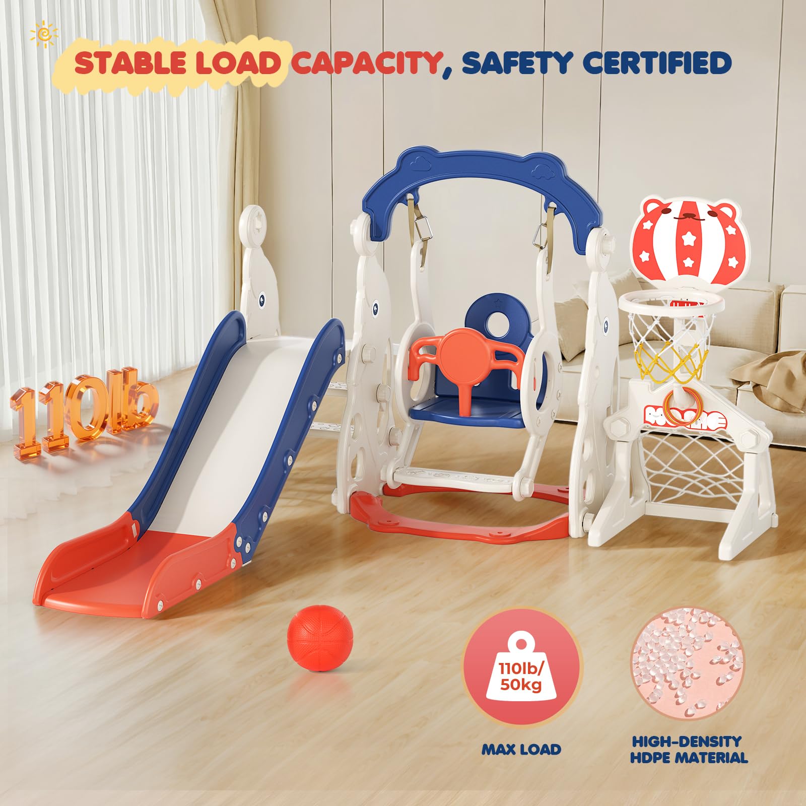 6-in-1-Kinderrutsche für drinnen und draußen, große Kleinkind Rutsche | Basketballkorb,Klettergerüst , Teleskop, extralange Rutschbahnfür 1-5 Jahre，Montessori Baby-Gartenrutschen-Spielset