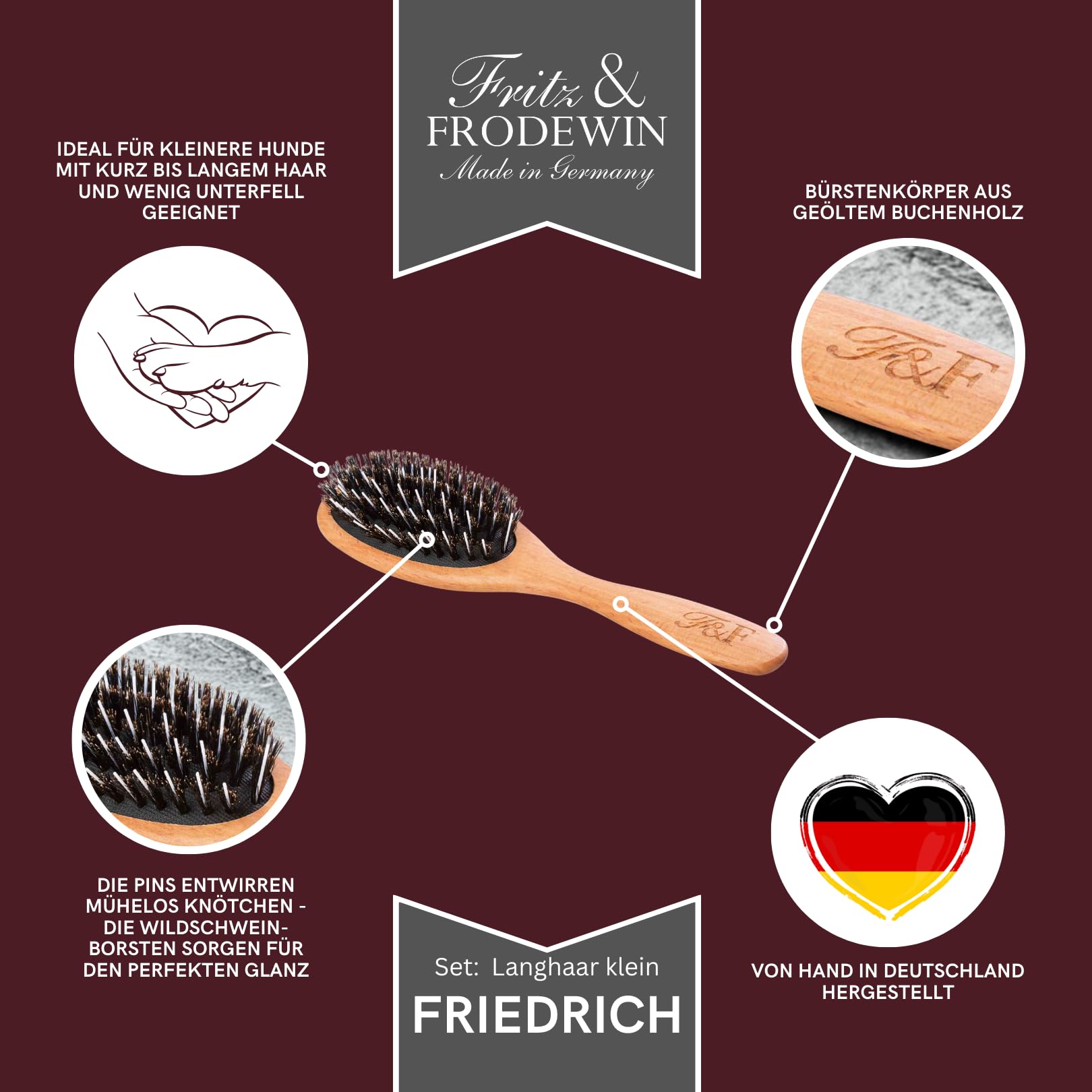 Fritz & Frodewin Hundebürsten-Set "Langhaar klein" | Premium Hundehaarbürsten | Fellbürsten | Für die tägliche Pflege | FSC zertifiziertes Holz | Gratis Bürstenreiniger | 100% Made in Germany