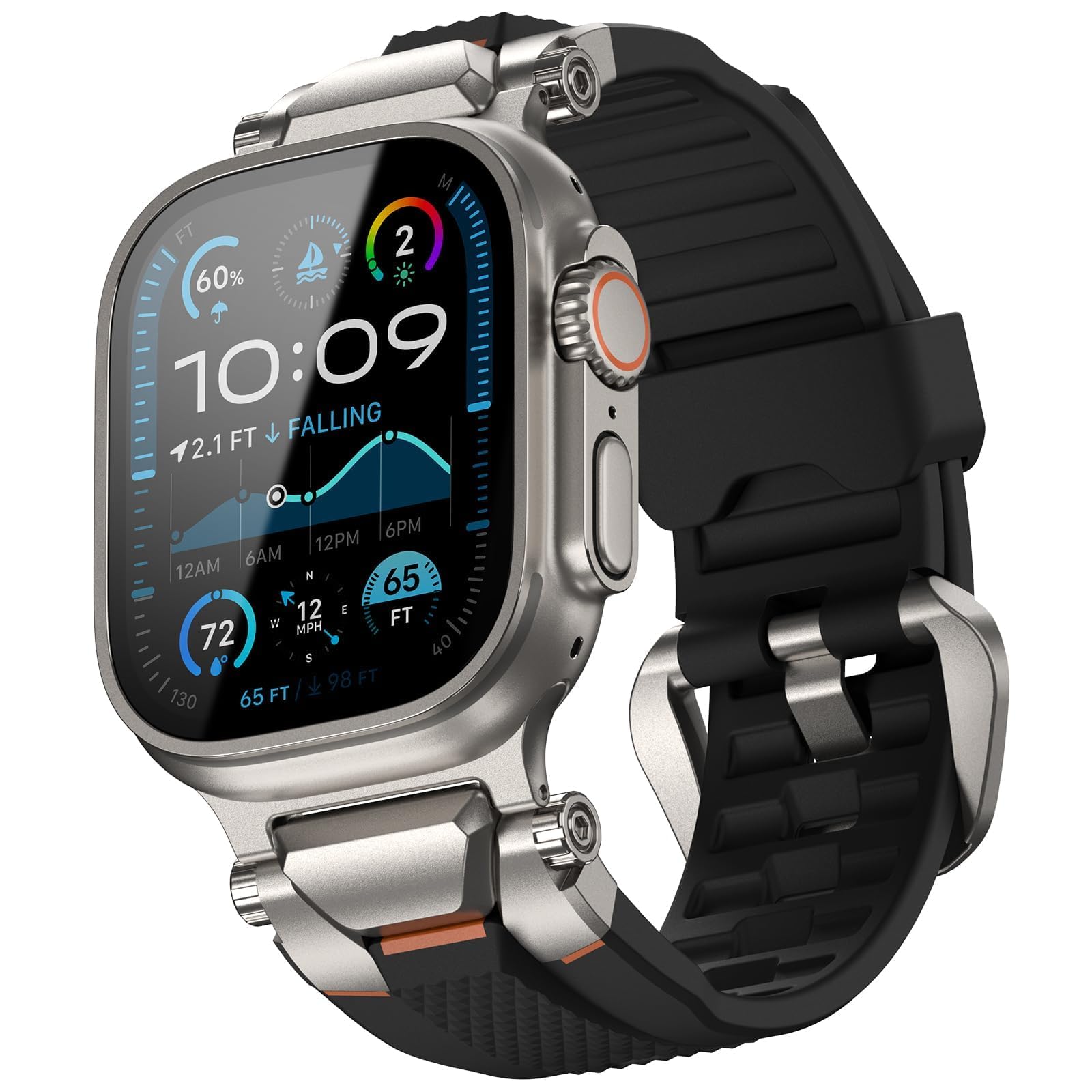 Photo 1 of ULTIMAL Rugged Band for Apple Watch Ultra 3/2/1 49mm, Series 11/10/9/8/7/6/5/4 SE 46mm/45mm/44mm, Waterproof, Soft TPU Strap with Stainless Steel Buckle & Connectors, Sweat-Resistant, Easy to Clean, Fits 155-225mm Wrist (Titanium/Black)