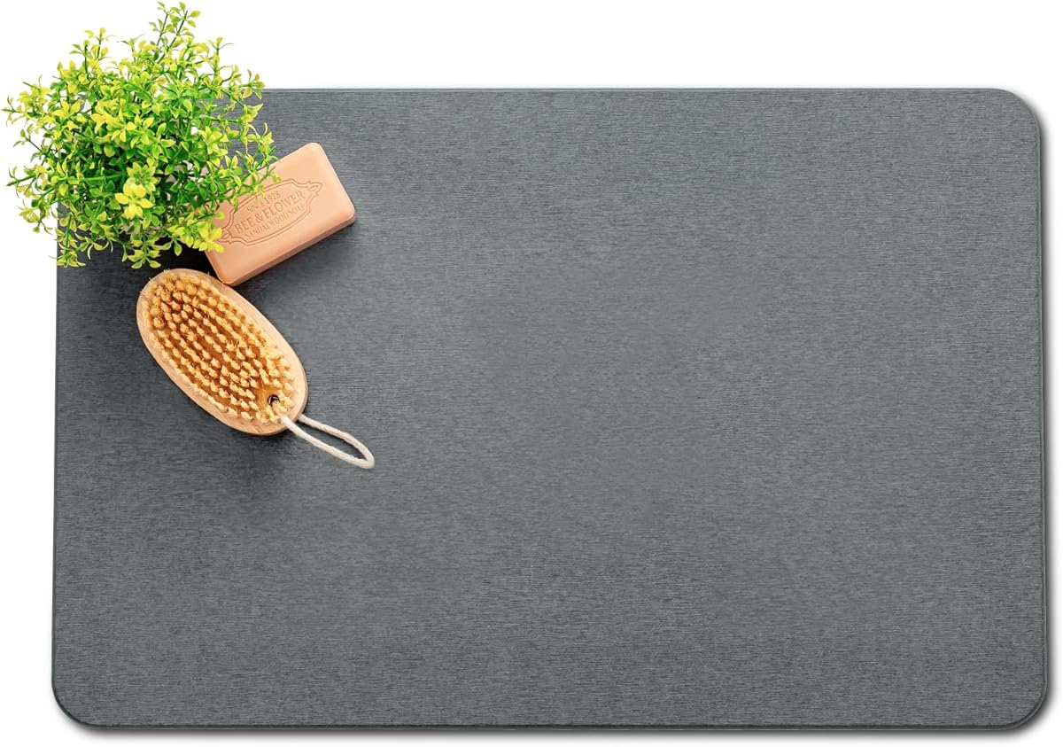 Plentio Premium Comfort Stone Bath Mat - Ultra Non-Slip Natural Diatomaceous Earth Mat, Replaces Traditional mats, 23.5"x15.5" Luxurious Soft Touch Mat for Bathroom, Dark Grey