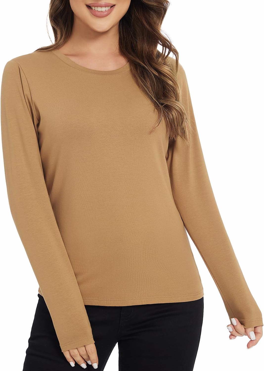 Xelky Womens Cotton Long Sleeve Shirts Workout Round Neck Casual Tops T-Shirt Plain Basic Soild Tee 3 Pack - Image 2