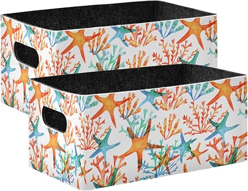 Emelivor Juego de 2 cestas de almacenamiento con diseño de estrellas de mar (2 unidades) de fieltro plegables con cestas rectangulares de tela para