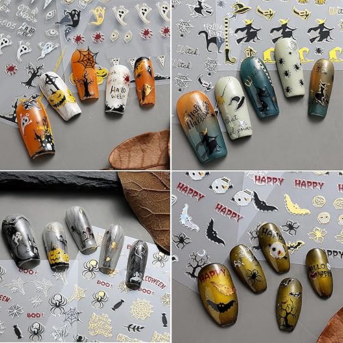 Miniatura 6 de Calcomanías de arte de uñas de Halloween 3D, calcomanías de uñas de Halloween, sombrero de bruja láser dorado, fantasma, autoadhesivas, diseños de
