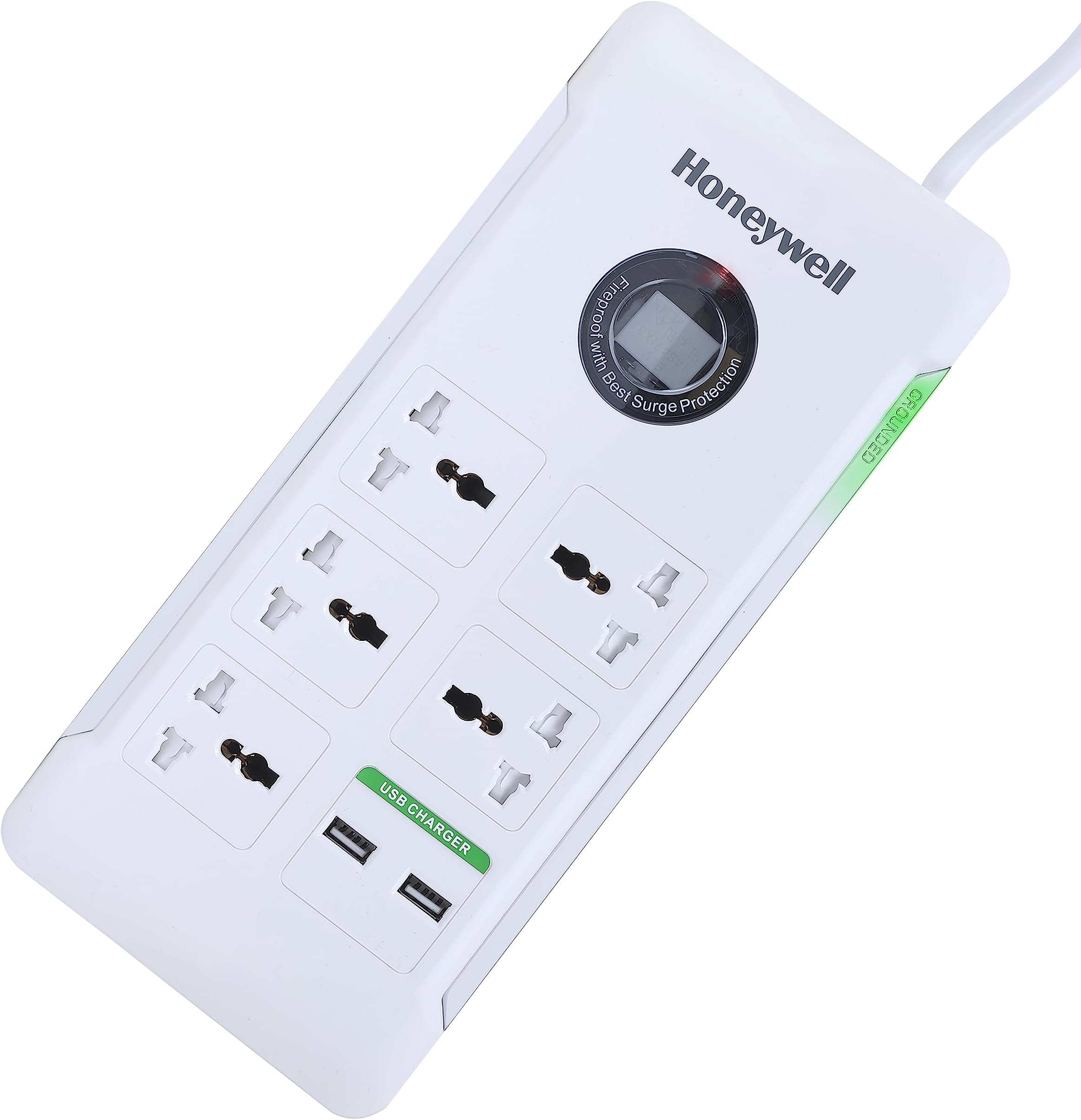 Honeywell Surge Protector/Spike Guard/Extension Board, Master Switch, 5 Universal Sockets, 2USB Ports, 36000Amp, 1.5 Mtr Cord, Device Secure Warranty, X3 Fireproof MOV tech, 3Yr Manufacturer Warranty