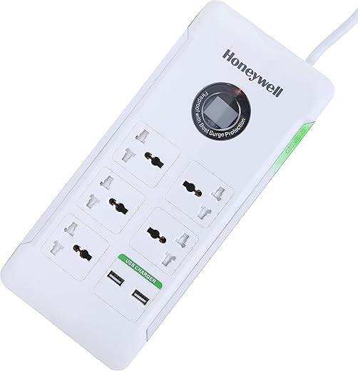 Honeywell Surge Protector, 5 Universal Sockets, 2USB ports, 1.5 Mtr Cord, 36000Amp, Device Secure Warranty, X3 Fireproof MOV tech, Spike…