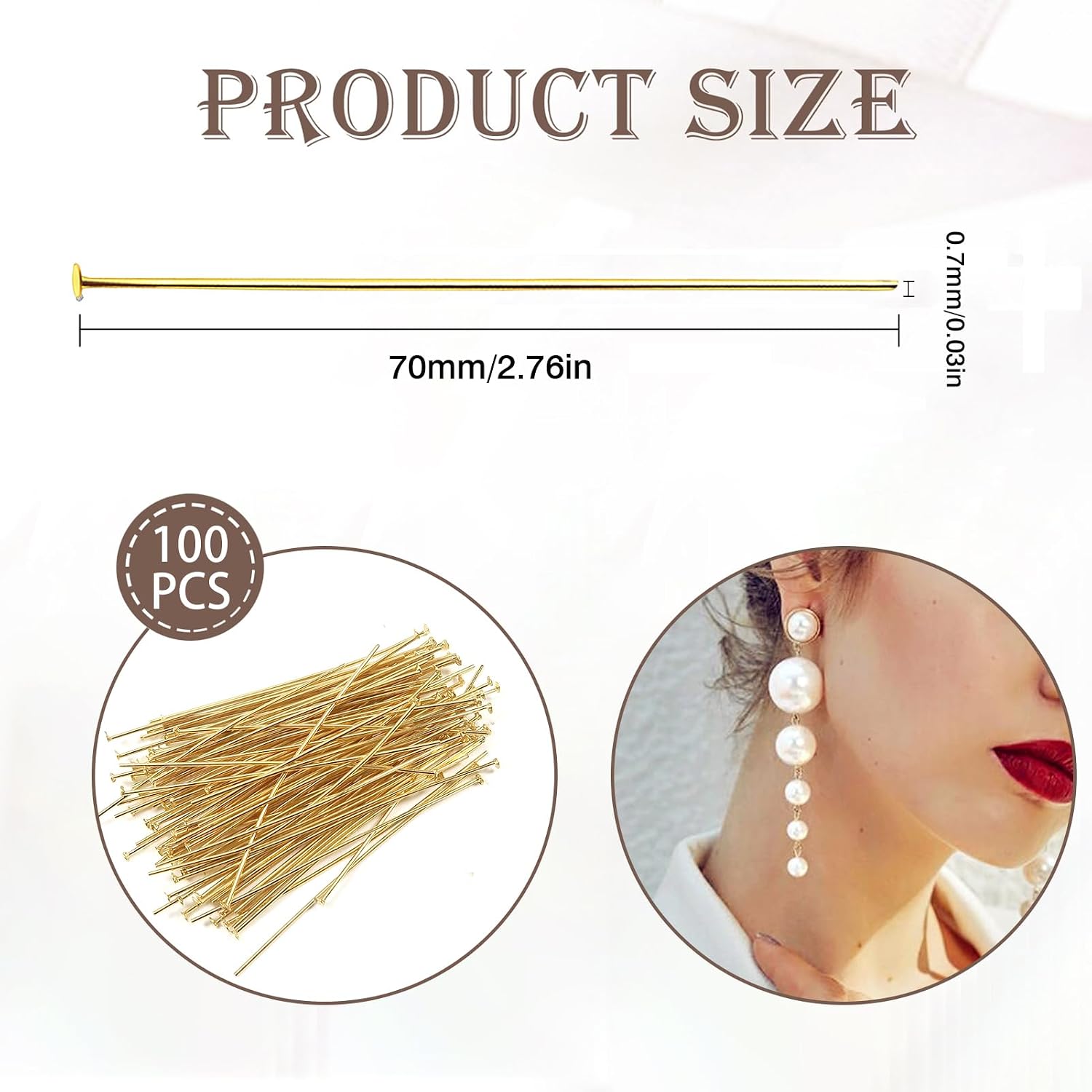 TOAOB 100pcs Stainless Steel Head Pins Set for Jewelry Making Long 70mm Gold Flat Head Pins Jewelry Findings for DIY Crafts